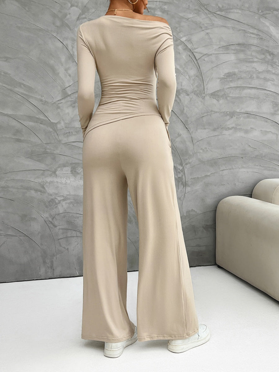 Leisure Pleated Solid Color Long Sleeve 2-piece Sets