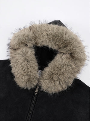 Gilet à capuche en polaire doublé, col en fourrure, coupe carrée et délavée