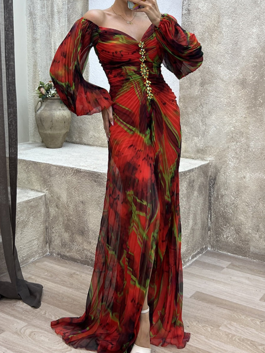 Crimp Long Sleeve Floral Printed Reunion Maxi Dresses