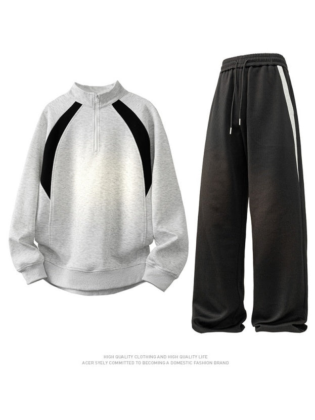 Color-blocked Half Zipper Loose-fit 2-piece Sets