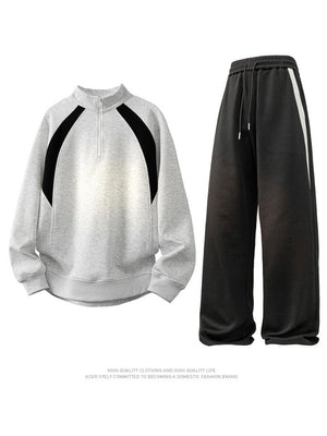 Color-blocked Half Zipper Loose-fit 2-piece Sets