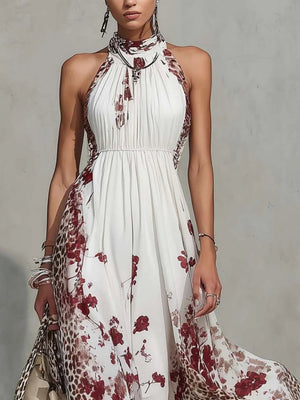 Floral Leopard Print Turtleneck Sleeveless Temperament Vacation Maxi Dresses