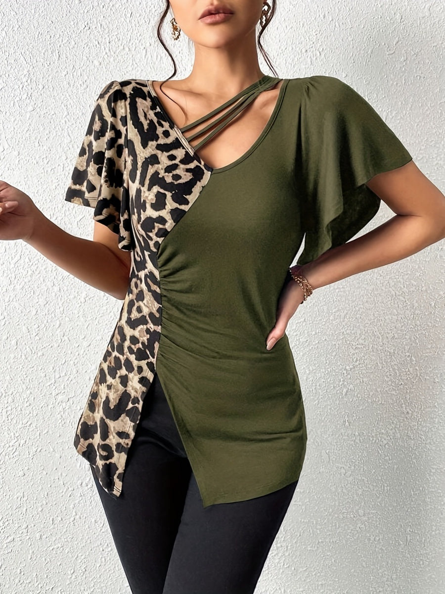 Splicing Stripes Asymmetrical Leopard Print T-shirts