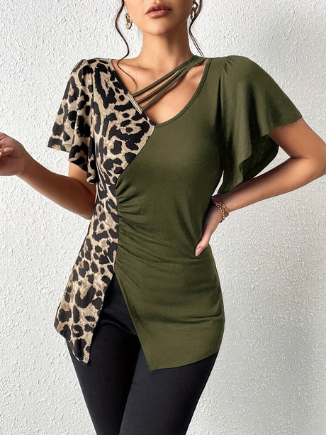 Splicing Stripes Asymmetrical Leopard Print T-shirts