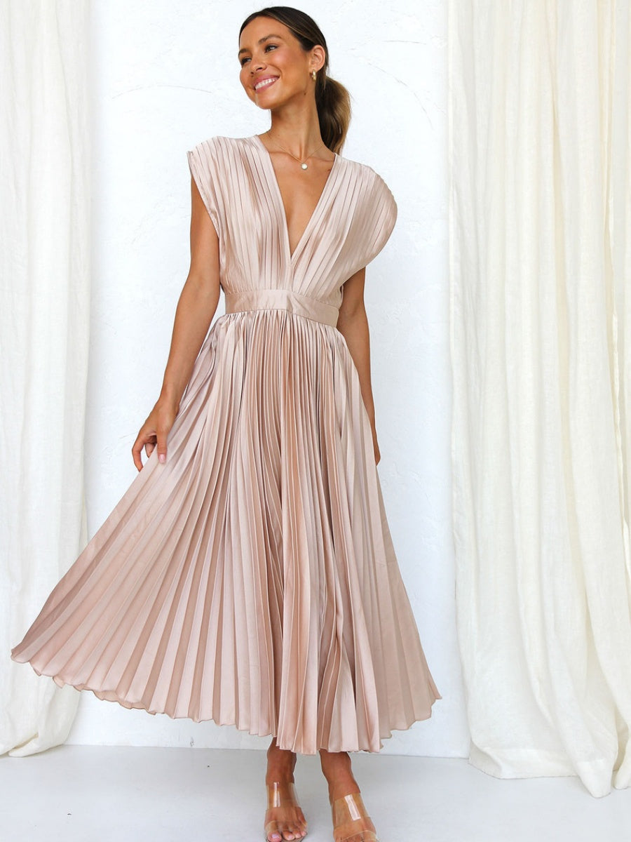 Solid Color V-neck Sleeveless Midi Dresses