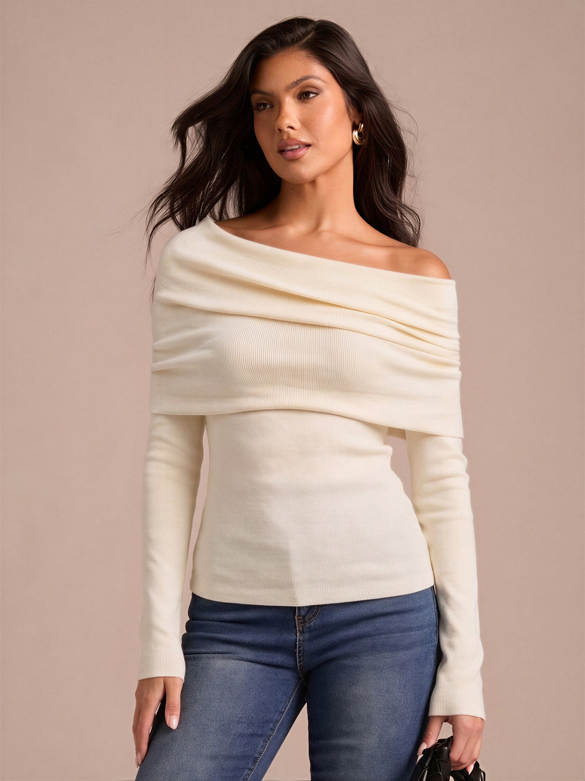 Wool Folded Off-shoulder Long-sleeved Sweater