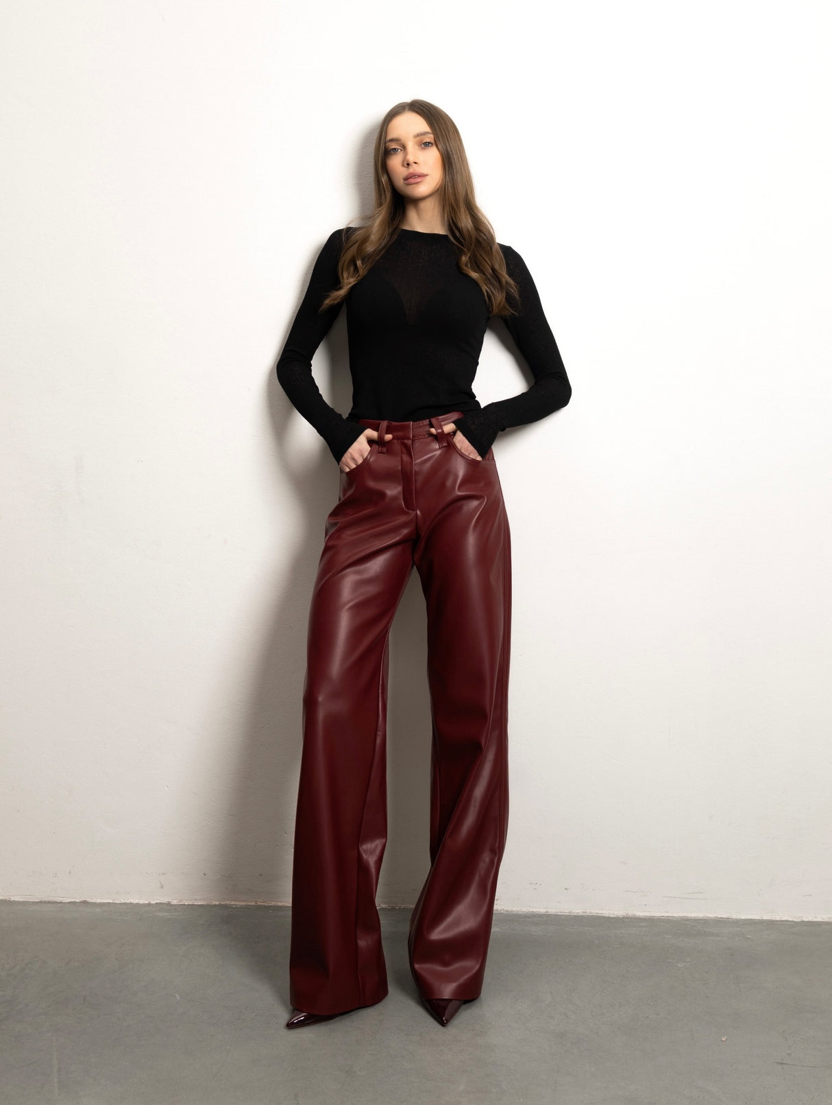 High-waisted Slim-fit Straight-leg PU Leather Pants