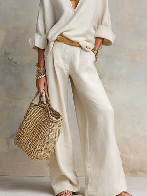 Casual Natural Linen Loose V-neck Vacation Two-piece Set