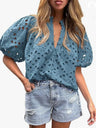 V-neck Buttons Hollow Lace Embroidery Shirts
