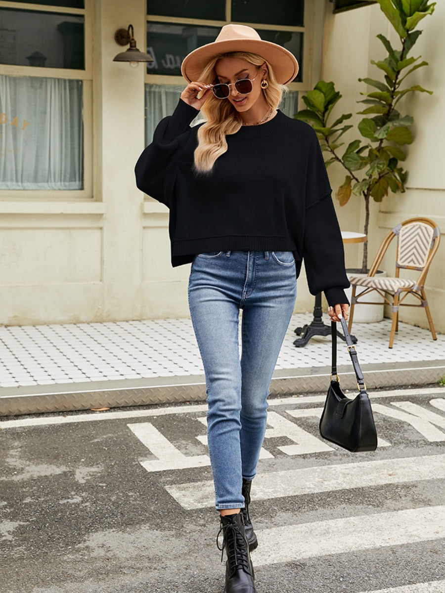 Liber Autumn Women's Crew Neck Raglan sleeves Jacket Short Loose Long sleeve Sweaters