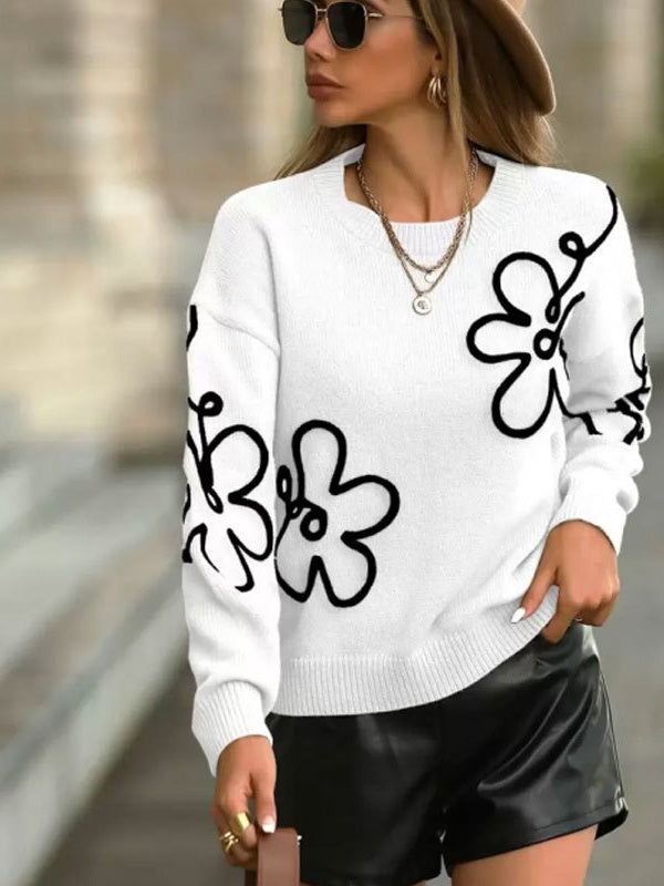 3D Effect Flower pattern Crew Neck Sweaters
