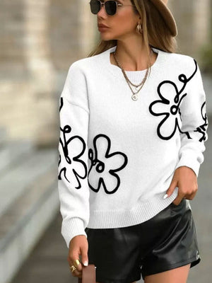 3D Effect Flower pattern Crew Neck Sweaters