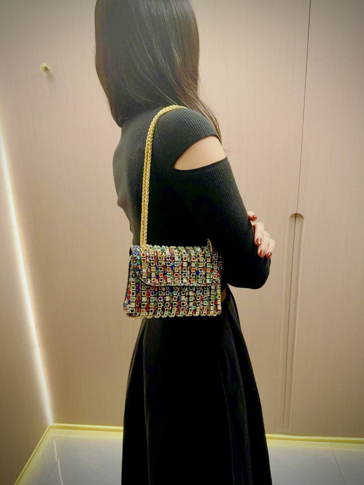 Liber Four Seasons ACC chain contrast color diamond underarm bag