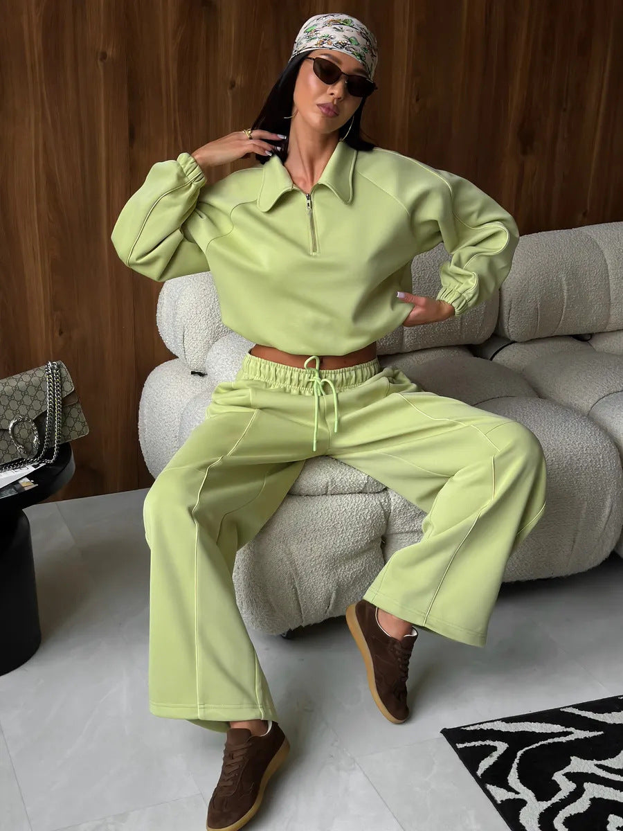 American Retro Color-blocked Striped Tracksuit For Women Two-piece Set: Collared Half-zip Sweatshirt And High-waisted Wide-leg Sweatpants