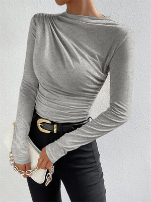 Solid Color Slim Fit Base Layer Versatile Pleated Long-sleeved T-shirt