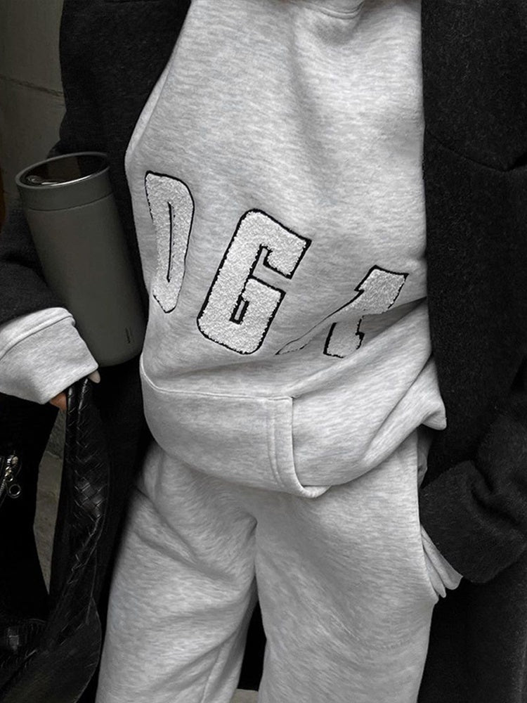 Grey Embroidered YOGA Letter Print Oversized Hooded Sweatshirt