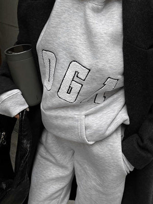 Grey Embroidered YOGA Letter Print Oversized Hooded Sweatshirt