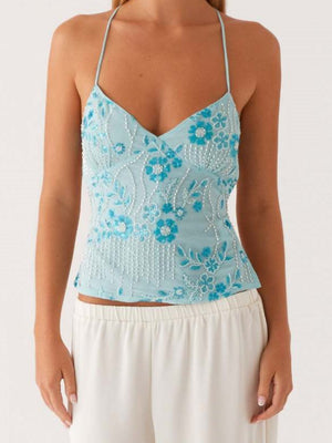 Embroidered Sequins Color Matching Strappy Backless Sweet Tank Tops&Camis