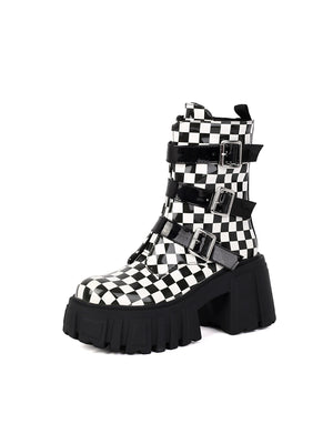 Plaid Denim Biker Punk Ankle Boots