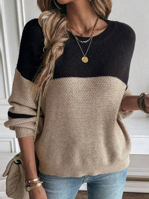 Long Sleeve Crew Neck Color Matching Knitting Pullover Sweater