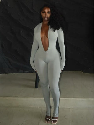 Deep V Backless Tight-fitting, Hip-lifting, Long-sleeved, Solid Color Bodysuits