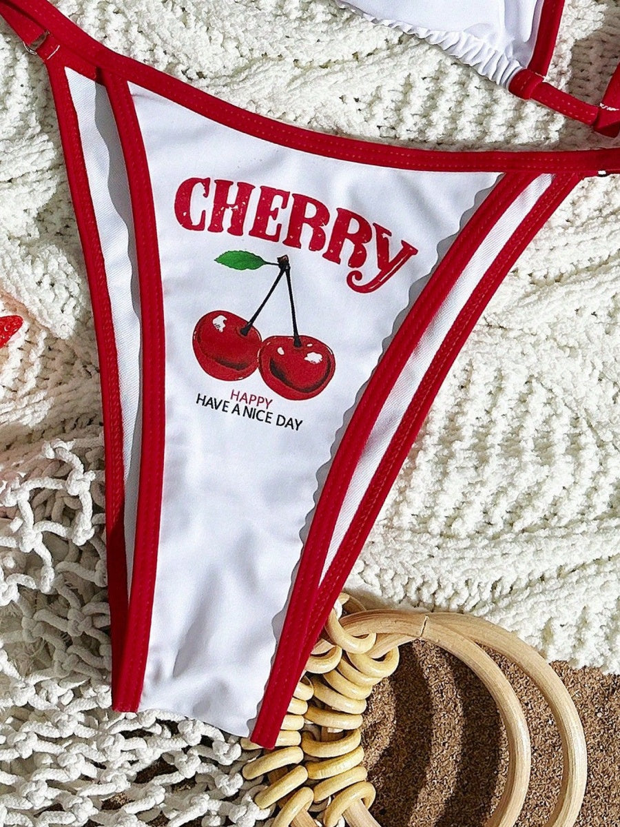 Cherry Print Lace-Up Bikini Three-Piece Set