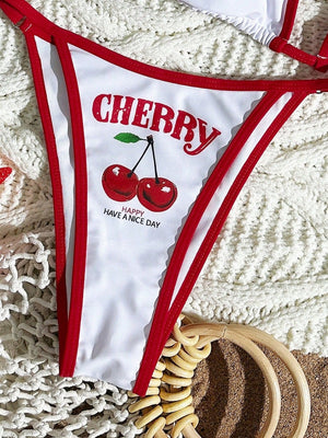 Cherry Print Lace-Up Bikini Three-Piece Set