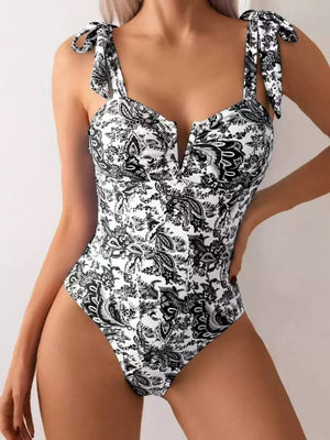 Ethnic-style Printed High-waisted Tie-up One-piece Swimsuit