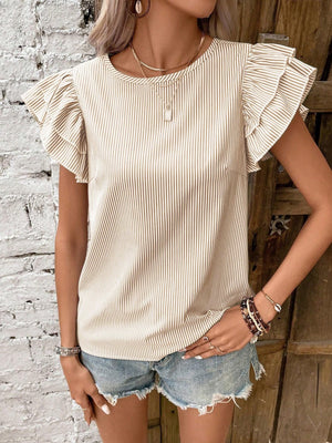 Round Neck Striped T-shirt With Ruffled Sleeves