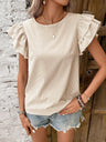 Round Neck Striped T-shirt With Ruffled Sleeves