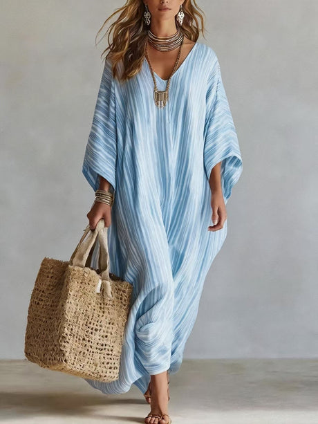 Striped Digital Print V-neck Three-quarter Sleeve Long Dress
