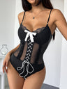 Lace Trim Bow Perspective Straps Suspender Bodysuit