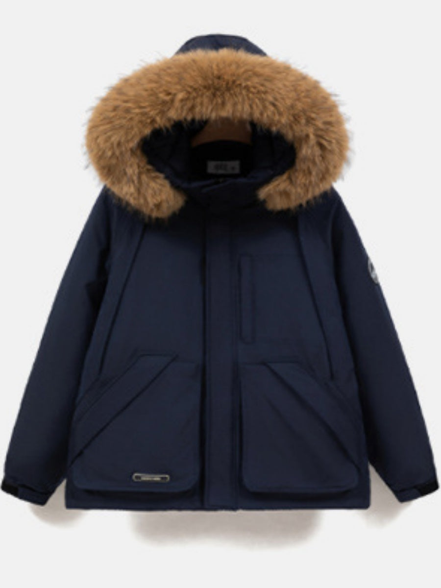Zipper Version American Fleece Lined With Fur Collar Hooded Loose Leisure Outdoor Cotton-padded Clothing