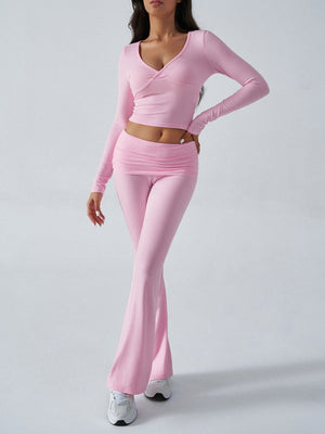 V-neck Long Sleeve Pants Pleated Navel Solid Color 2-piece Sets