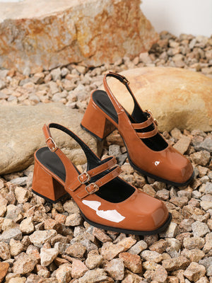 Large Square-toe Chunky Heel Mary Jane Shoes With Metal Buckle