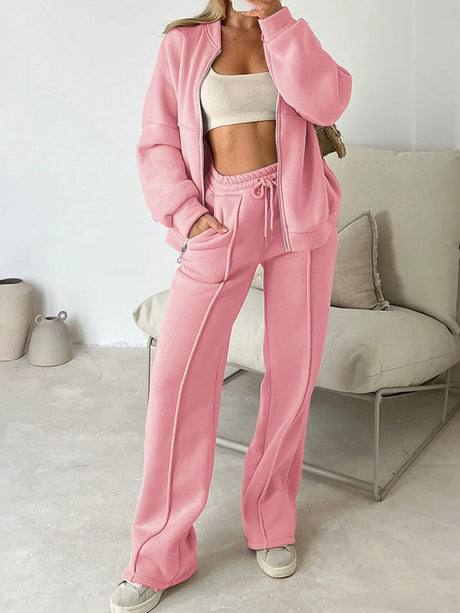 Sporty Style Long-sleeved Jacket Solid Color Trousers Two-piece Set