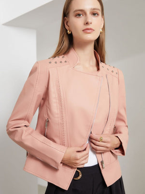 Street Cool Slim Fit Beading Leather Jacket