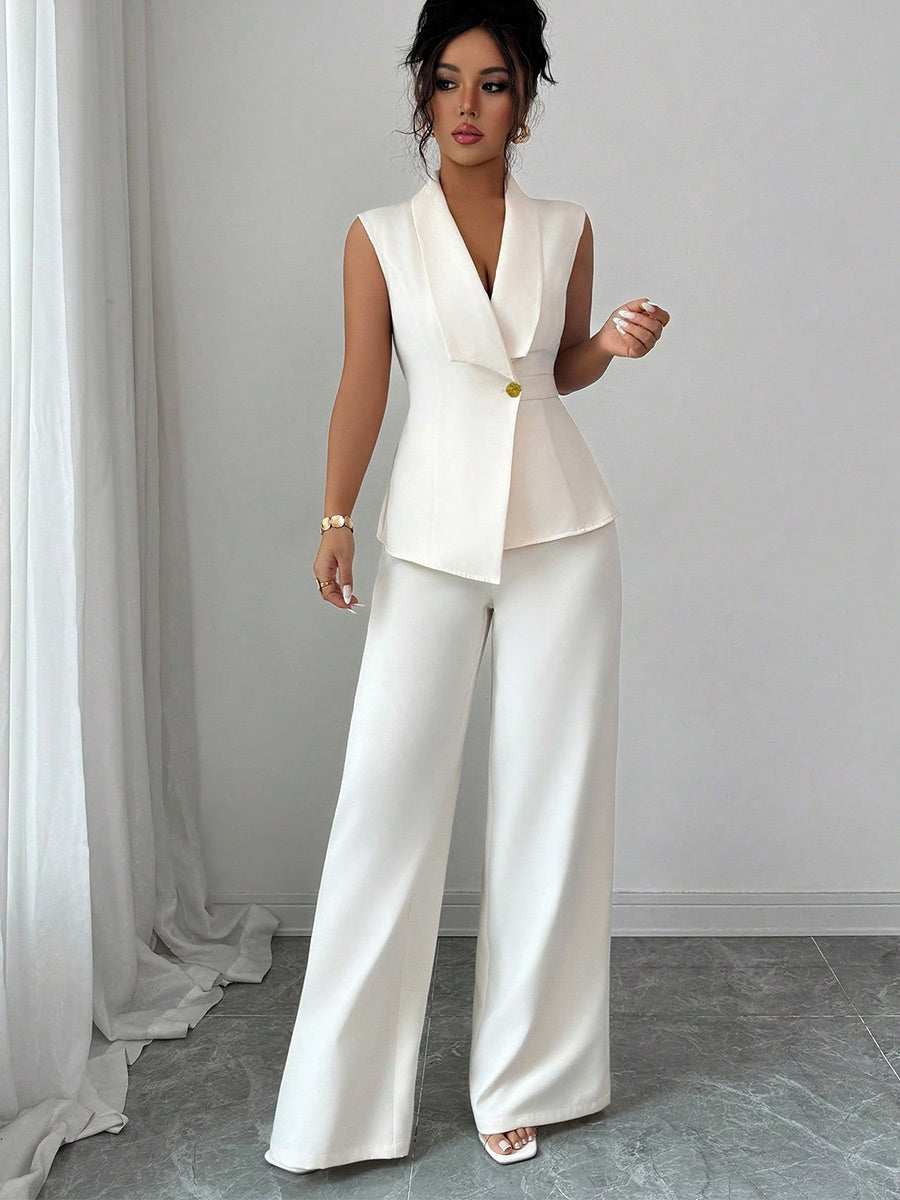 Buttons White V-neck Tank Tops Suit Trousers 2-piece Sets