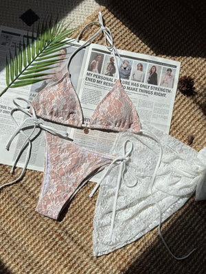 Lace Mesh Mini Skirt Swimsuit Bikini Three-Piece Set