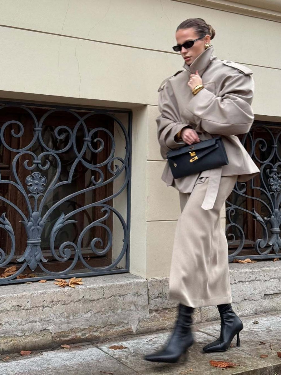 Khaki Lapel Long Sleeve Lace Up Short Trench Coats