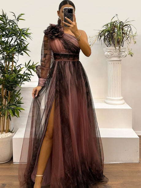 Sloping Shoulders Mesh Printed Reunion Maxi Dresses