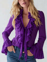 V-neck French Ruffle Puff Sleeve Chiffon Blouse