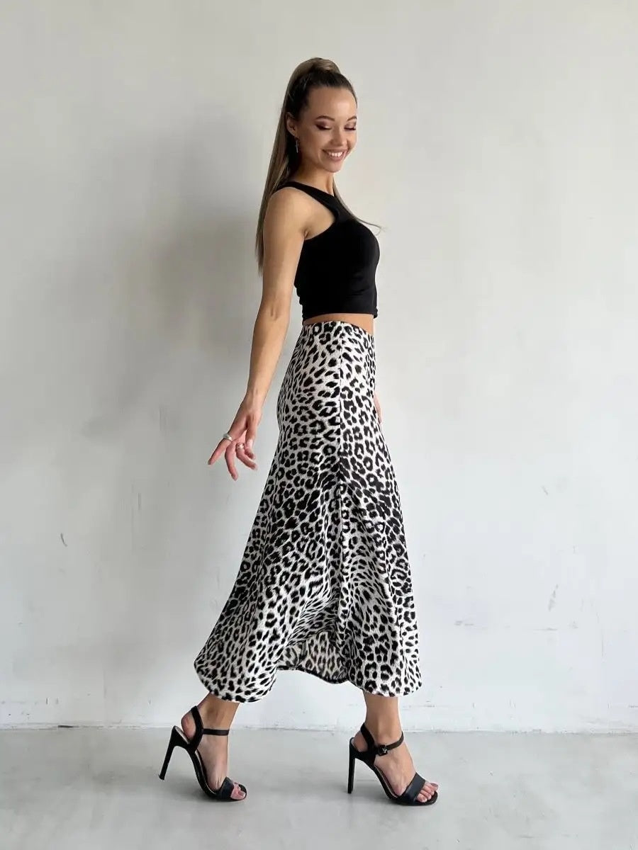 Satin Leopard Print High Waist Elasticity Silky Smooth Skirts