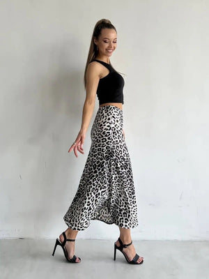 Satin Leopard Print High Waist Elasticity Silky Smooth Skirts