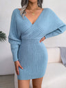 Cross V-neck Batwing Sleeves Hip-hugging Knitting Mini&Short Dresses