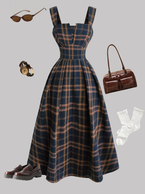 Plaid Camisoles Retro Waist Shaping Big Swing Midi Dresses