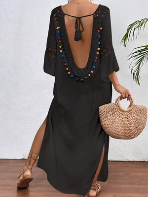 Hand-crocheted Patchwork Colorful Pom-poms Sexy Hollow-out Backless Loose Beachwear