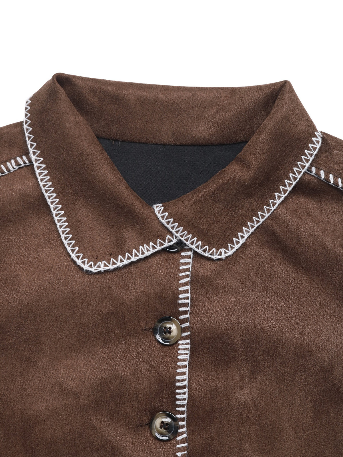 Loose-fitting Faux Suede Coat With Contrasting Trim And Lapel.