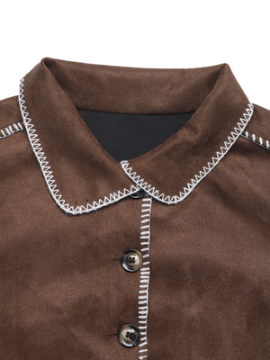 Loose-fitting Faux Suede Coat With Contrasting Trim And Lapel.