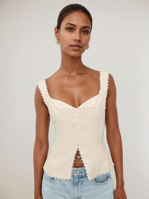 Retro Cotton And Linen Lace Patchwork Button Tank Tops